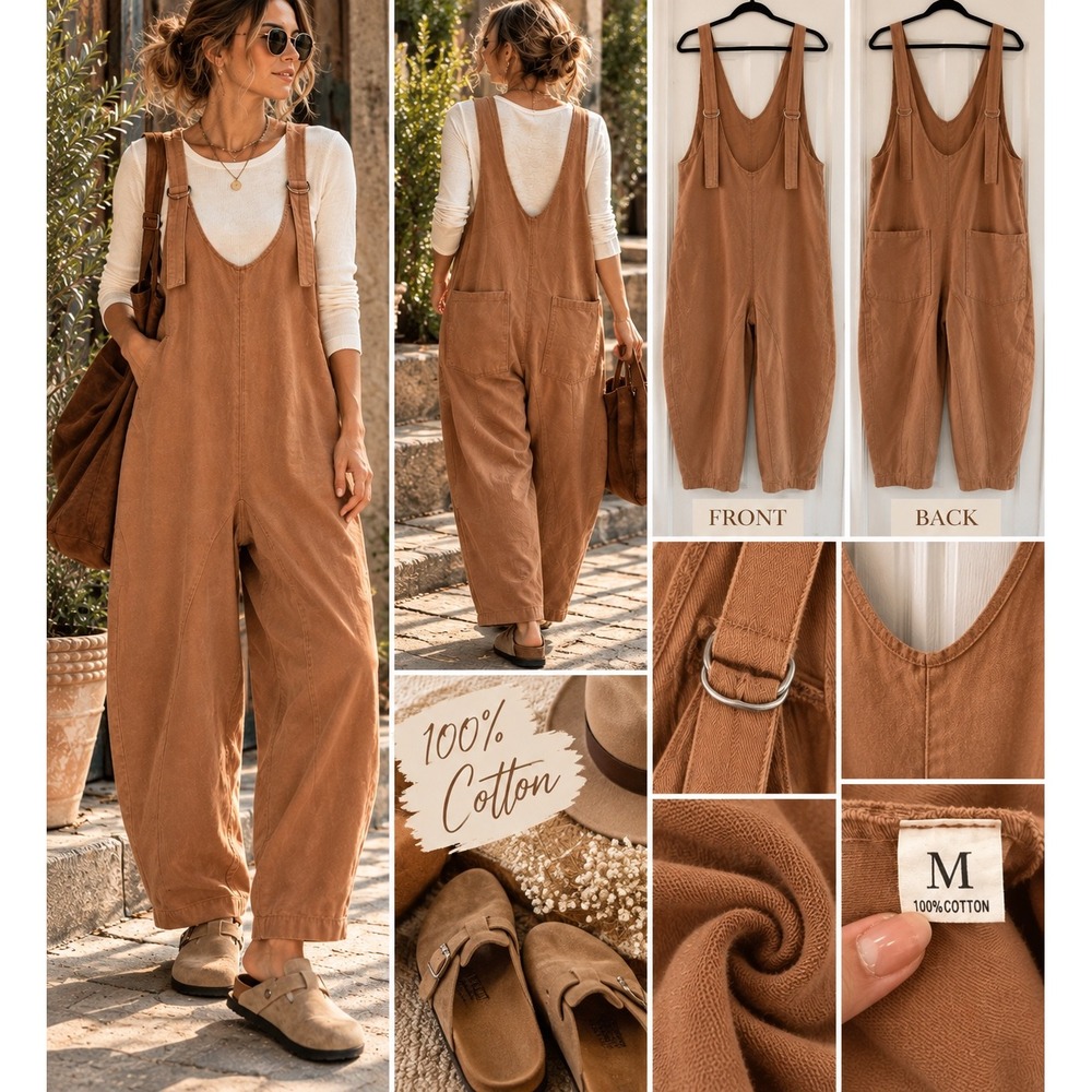100% Cotton Barrel Leg Overalls Jumpsuit M Lagenlook Boho Utility Brown
